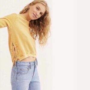 Free people shirt women’s large L yellow gold thermal lace up beachy fall blouse